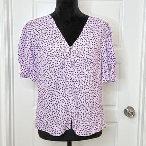 Suzy Shier Shirt Top Women’s Medium V-neck Purple Polka Dots Button Up